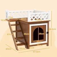 PawHut Kattenhuis, Tweelaags met Balkon en Trap, Voor Binnen en Buiten, Voor Katten en Konijnen, Sparrenhout, Bruin(m-3)