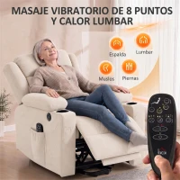 HOMCOM Sillón Relax Reclinable Eléctrico Levanta Personas con 8 Puntos Masaje y Calor Lumbar Puerto USB Mando Reposapiés Crema(m-5)