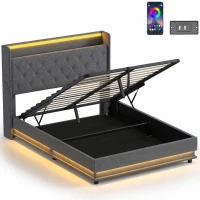 HOMCOM 4ft6 Double Bed Frame with Headboard, Platform Bed Frame with Hydraulic Storage, LED Lights and Charging Station, Grey(m-1)