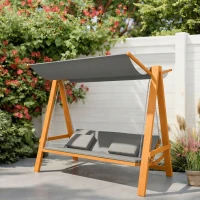 Outsunny hangmatschommel met bedfunctie 3-zits tuinschommel met dak ligbed tuinbank Lariks hout polyester grijs + teak 225.5 x 113 x 180 cm(m-8)