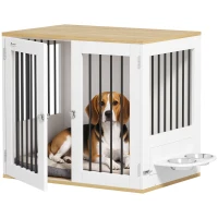 PawHut Cage pour chiens, table d'appoint, gamelles amovibles rotatives à 360° 2 portes pour chien moyenne 80x55x71,5cm blanc(m-11)