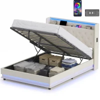HOMCOM 4ft6 Double Bed Frame with Headboard, Platform Bed Frame with Hydraulic Storage, LED Lights and Charging Station, Cream(m-15)