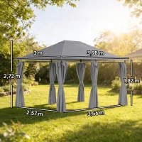 Outsunny Cenador de Jardín 4x3 m con 6 Paredes Laterales 8 Orificios de Drenaje y Marco de Acero para Fiestas Patio Gris(m-3)