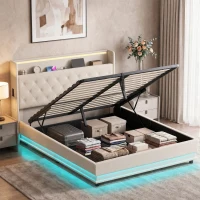 HOMCOM 5ft King Bed Frame with Headboard, Platform Bed Frame with Hydraulic Storage, LED Lights and Charging Station, White(m-2)