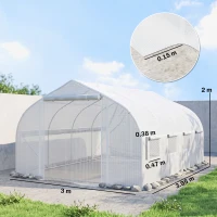 Outsunny Seră de Grădină 4x3m tip Tunel cu Acoperire din PE, Ușă și 8 Ferestre Rulabile, Alb(m-3)