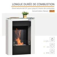 HOMCOM Cheminée bioéthanol brûleur 0,9 L avec plateau de rangement en verre trempé 60 x 20 x 79 cm Acier Noir et Blanc(m-6)