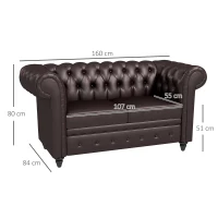 HOMCOM Canapea Chesterfield cu 2 locuri, cu pernă detașabilă, din piele ecologică, lemn și metal, 160x84x80 cm, maro(m-3)