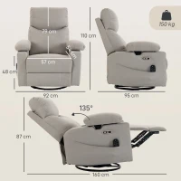HOMCOM Elektrischer Relaxsessel mit Dreh- und Schaukelfunktion, Massage & Wärme, 3D-Armlehnen, USB-C/USB-Anschlüssen, Hellgrau(m-3)