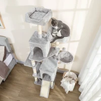 PawHut Arbre à chat tour de jeux pour chat 3 platesformes 2 niches 2 lits 2 hamacs 1 échelle hauteur 177 cm gris clair(m-9)