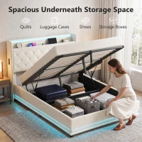 HOMCOM 4ft6 Double Bed Frame with Headboard, Platform Bed Frame with Hydraulic Storage, LED Lights and Charging Station, Cream(m-4)