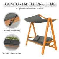 Outsunny hangmatschommel met bedfunctie 3-zits tuinschommel met dak ligbed tuinbank Lariks hout polyester grijs + teak 225.5 x 113 x 180 cm(m-6)