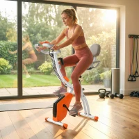 HOMCOM Vélo d'Appartement Pliable 4-en-1 - Ergomètre Magnétique Silencieux avec Cordes de Résistance - Sport Maison et Cardio-training avec Roulettes, Selle Confort et LCD (Max 120kg), Orange(m-6)