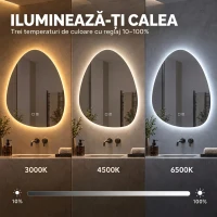 HOMCOM Oglindă de baie cu LED, 3 culori, 60x80 cm, neregulată, Bluetooth, antiaburire, touch(m-5)