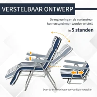 Outsunny Tuinstoel 2x Inklapbaar 60x75x104cm, Verstelbare Rugleuning, 5 Standen, Blauw Wit(m-5)