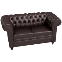 HOMCOM Canapea Chesterfield cu 2 locuri, cu pernă detașabilă, din piele ecologică, lemn și metal, 160x84x80 cm, maro(m-12)