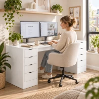 HOMCOM Bureau 140 cm met 8 laden, modern bureau met opbergruimte, witte houtlook(m-2)