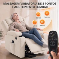 HOMCOM Poltrona Elevatória Reclinável Elétrica com 8 Pontos de Massagem, Calor Lombar, USB, Comando e Apoio para os Pés, Creme(m-5)