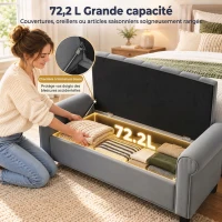 HOMCOM Banc de rangement bout de lit avec accoudoirs, tissu effet velours rembourré et capitonné, 126 x 48,5 x 57 cm, gris(m-4)