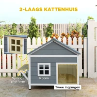 PawHut Kattenhuis van hout 2 verdiepingen kattengrot met waterdicht opklapbaar dak, zijplatform, 101x72,5x81cm, Grijs(m-5)