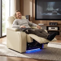 HOMCOM Cadeirão Relax Reclinável Elétrico com Aquecimento Lombar, Massagem por Vibração, Luz LED, Apoio para os Pés, USB e USB-C, Branco Creme(m-11)