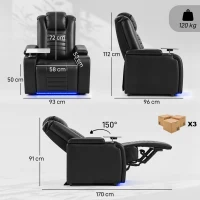 HOMCOM Electric Recliner Armchair w/ Type C+USB, LED Light, PU Leather Cinema Recliner Chair w/ Storage, Tray Table, Black(m-3)