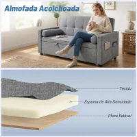HOMCOM Sofá-Cama 2 Lugares 3 em 1 Deslizante em Tecido Linho com Encosto Ajustável Bolsos 2 Almofadas para Sala de Estar Cinzento(m-6)