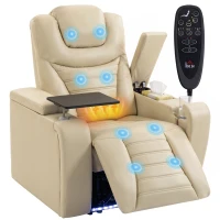 HOMCOM Fauteuil Relax Inclinable Électrique Chaleur Lombaire Massage Vibratoire Lumière LED Repose-pieds Ports USB et Type-C Blanc Crème(m-7)