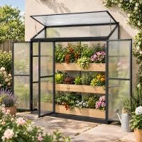 Outsunny 6 x 1.5ft Polycarbonate Greenhouse, Quick Setup, Lean-to Green House with 3 Hinged Doors, Top Vent, Black(m-8)