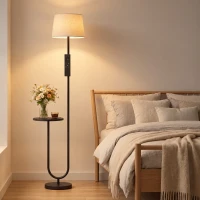 HOMCOM Modern Floor Lamp with Shelf, Dimmable Floor Lamp with Linen Shade, RF Remote and Foot Switch for Living Room, Black(m-9)