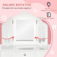 HOMCOM Masă de Toaletă pentru Copii cu Scaun și Oglindă Triplă, din Lemn și Acrilic, 63x40x85,5 cm, Albă(m-4)