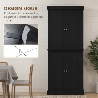HOMCOM Dulap Înalt de Bucătărie cu 6 Rafturi Reglabile și 4 Uși din Lemn, 76x40.5x184 cm, Negru(m-6)
