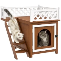 PawHut Kattenhuis, Tweelaags met Balkon en Trap, Voor Binnen en Buiten, Voor Katten en Konijnen, Sparrenhout, Bruin(m-11)