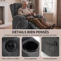 HOMCOM Fauteuil Releveur Électrique Massage Vibration et Chaleur, Fauteuil Relax Électrique Inclinable en Tissu Éponge, Gris(m-6)