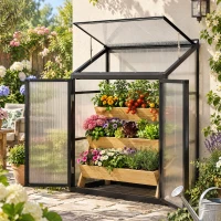 Outsunny 4 x 2ft Polycarbonate Greenhouse, Quick Setup, Lean-to Green House with 2 Hinged Doors, Top Vent, Black(m-9)