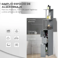 HOMCOM Columna de Baño Moderno Mueble Auxiliar de Baño con 2 Estantes 2 Cajones y 1 Puerta Antivuelco 15x33x136,8 cm Gris(m-4)
