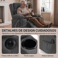 HOMCOM Poltrona Relax Elétrica Elevatória com 8 Pontos de Massagem e Calor Lombar, USB, Comando e Apoio para Pés, Cinzento(m-6)