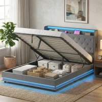 HOMCOM 5ft King Bed Frame with Headboard, Platform Bed Frame with Hydraulic Storage, LED Lights and Charging Station, Grey(m-10)