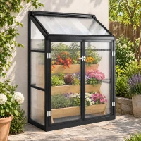 Outsunny 4 x 2ft Polycarbonate Greenhouse, Quick Setup, Lean-to Green House with 2 Hinged Doors, Top Vent, Black(m-8)