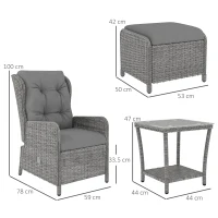 Outsunny 5 Pieces Rattan Bistro Set with Adjustable Back, Reclining Wicker Balcony Furniture with Cushions, Glass Top Coffee Table and Footstools, Outdoor Table and Chairs, Light Grey(m-3)