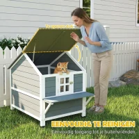 PawHut Kattenhuis van hout 2 verdiepingen kattengrot met waterdicht opklapbaar dak, zijplatform, 101x72,5x81cm, Grijs(m-6)