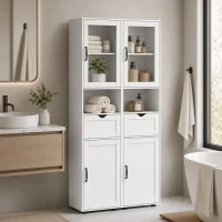 HOMCOM Columna de Baño Estrecha con Puerta de Vidrio Estantes Ajustables Cajón Estante Abierto 40x30x165 cm Blanco(m-8)