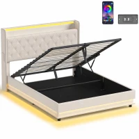 HOMCOM 5ft King Bed Frame with Headboard, Platform Bed Frame with Hydraulic Storage, LED Lights and Charging Station, White(m-1)