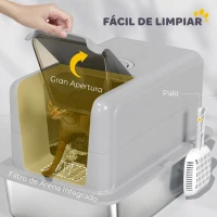 PawHut Arenero para Gatos de Acero Inoxidable Grande con Tapa Cerrado con Pala Escalón Arena Fácil de Limpiar Antiolor Gris(m-5)