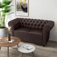HOMCOM Canapea Chesterfield cu 2 locuri, cu pernă detașabilă, din piele ecologică, lemn și metal, 160x84x80 cm, maro(m-10)