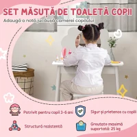 AIYAPLAY Set de machiaj pentru fetițe de 3-6 ani cu taburet și masă de toaletă cu oglindă și sertar din lemn alb(m-4)
