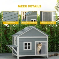 PawHut Kattenhuis van hout 2 verdiepingen kattengrot met waterdicht opklapbaar dak, zijplatform, 101x72,5x81cm, Grijs(m-7)