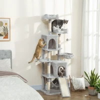 PawHut Arbre à chat tour de jeux pour chat 3 platesformes 2 niches 2 lits 2 hamacs 1 échelle hauteur 177 cm gris clair(m-16)