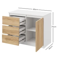 HOMCOM Aparador Pequeno com Porta e 3 Gavetas 80x40x75 cm para Entrada e Sala de Jantar Branco e Natural(m-3)