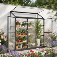 Outsunny 6 x 1.5ft Polycarbonate Greenhouse, Quick Setup, Lean-to Green House with 3 Hinged Doors, Top Vent, Black(m-2)