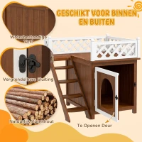 PawHut Kattenhuis, Tweelaags met Balkon en Trap, Voor Binnen en Buiten, Voor Katten en Konijnen, Sparrenhout, Bruin(m-7)